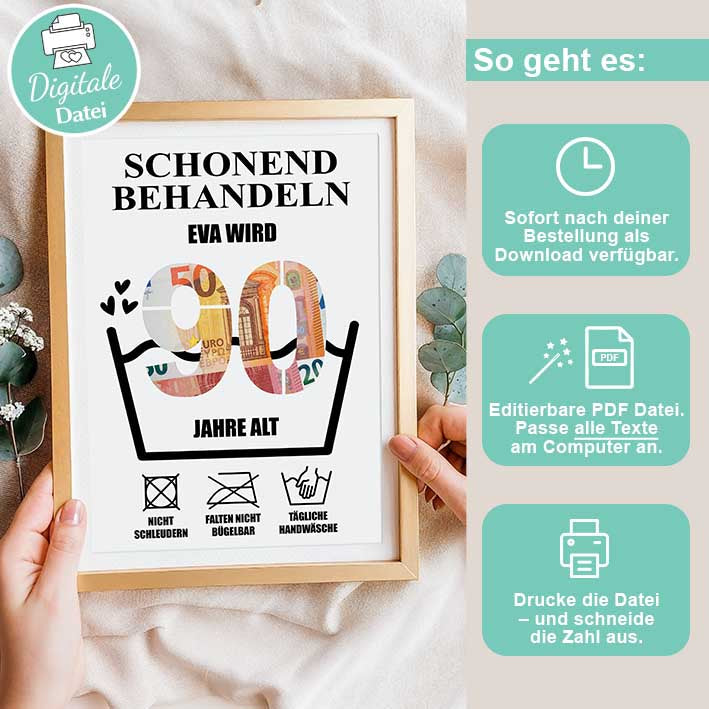 Geldgeschenk 90ster - Editierbar Herzensprojekt Manufaktur