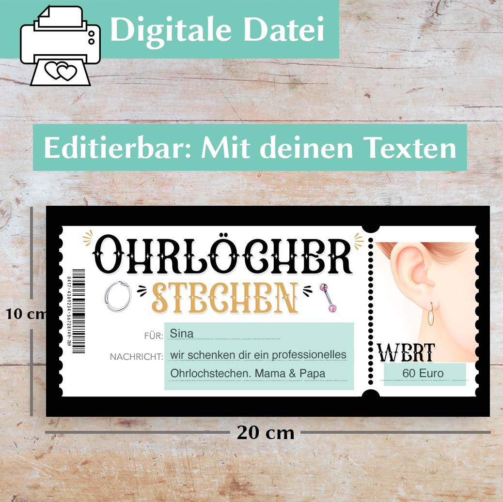 Ohrlöcher stechen Gutscheinvorlage Herzensprojekt Manufaktur