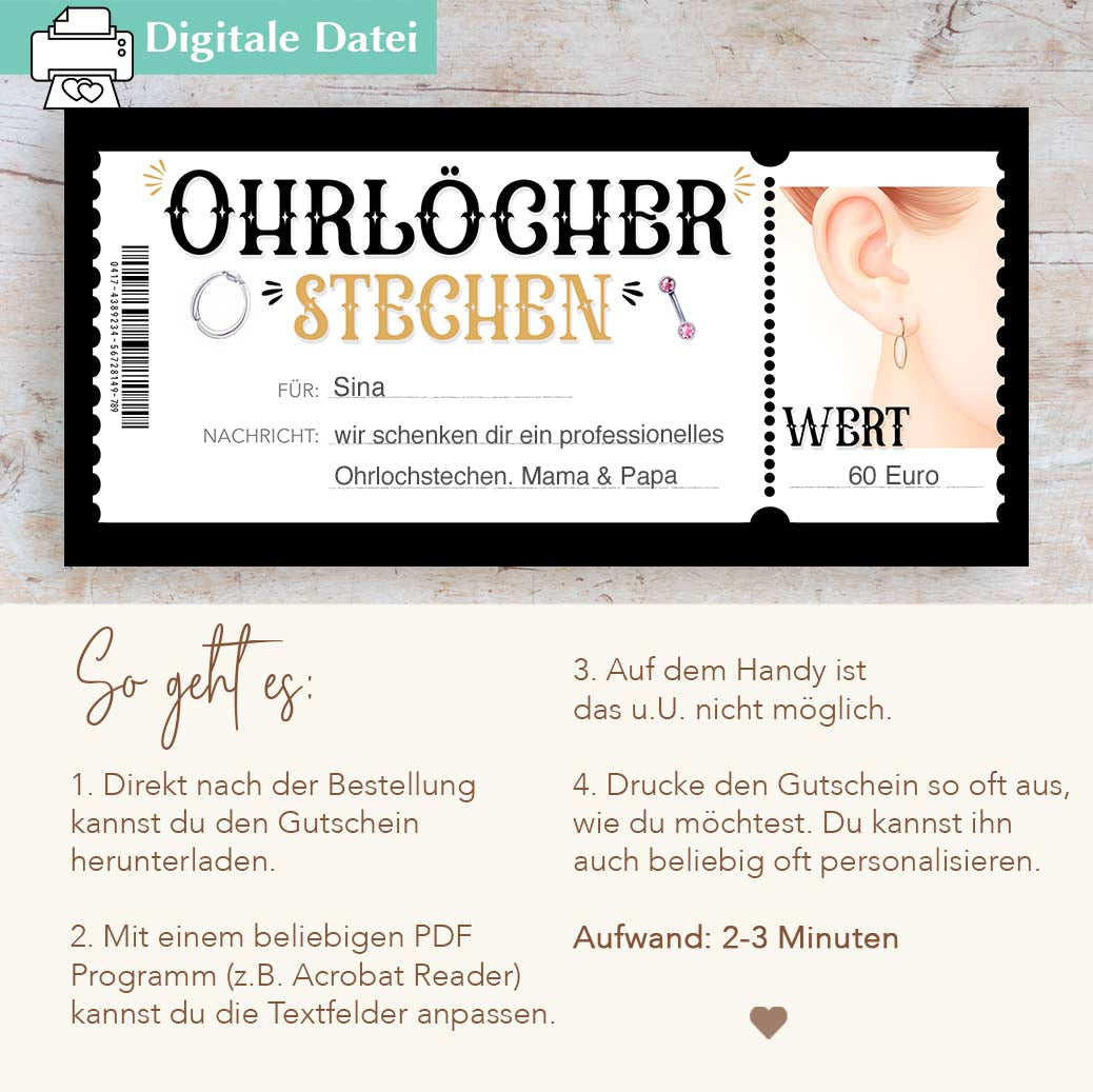 Ohrlöcher stechen Gutscheinvorlage Herzensprojekt Manufaktur