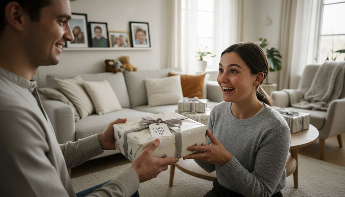 emotionale Geschenkübergabe Wohnzimmer