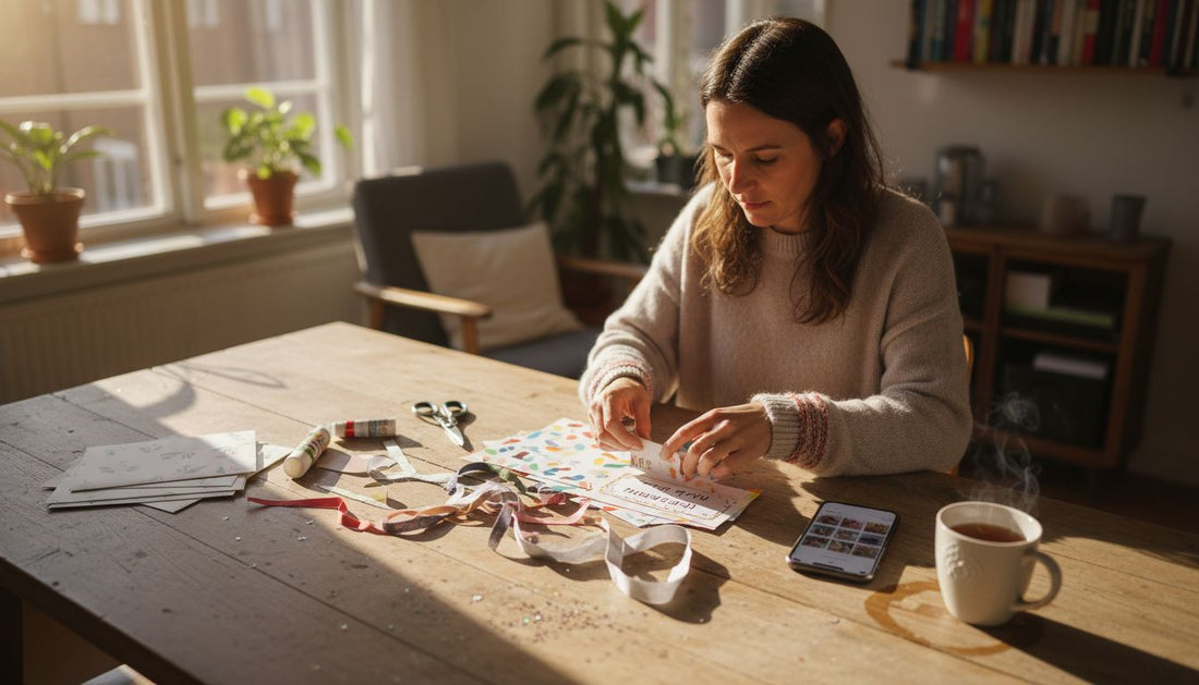 Frau gestaltet individuellen Gutschein am Tisch