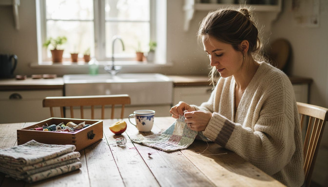Woman sewing a homemade birth gift
