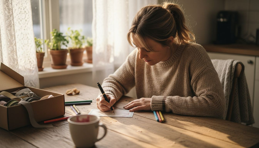 Woman writing personalized voucher at kitchen table