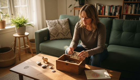 Woman adding keepsakes to memory box