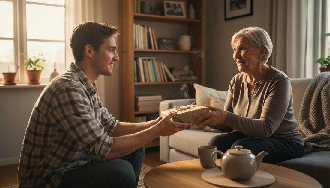 Person überreicht handgefertigtes Geschenk Wohnzimmer