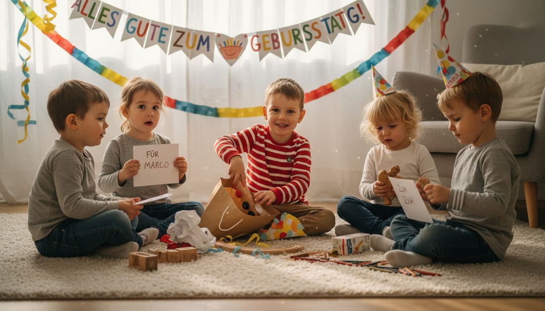 Im Kindergarten sitzen die Kinder zusammen im Kreis und packen voller Vorfreude gemeinsam Geburtstagsgeschenke aus.