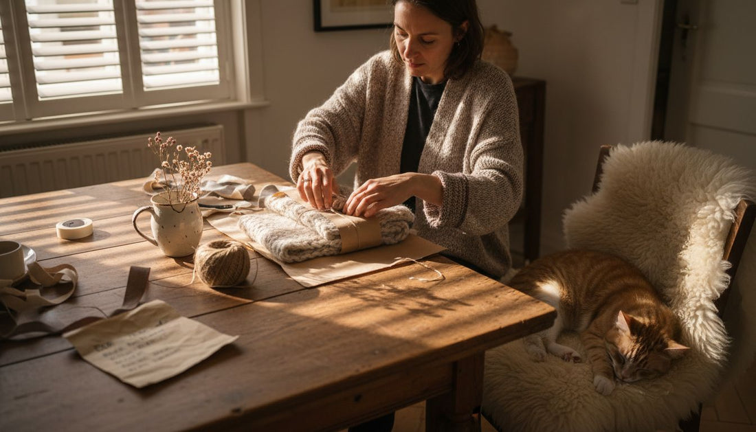 Eine Frau sitzt am Küchentisch und verpackt liebevoll einen selbstgestrickten Schal.
