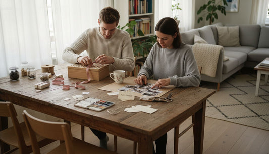 Ein Paar bastelt in liebevoller Handarbeit persönliche Hochzeitsgeschenke zu Hause.