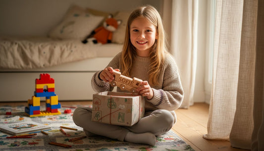 In einem gemütlichen Zimmer packt ein Kind mit leuchtenden Augen sein ganz persönliches Spielzeug aus.