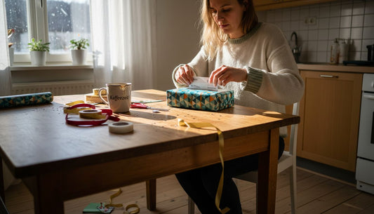 Eine Frau verpackt einen Gutschein auf besonders originelle Weise als Geschenk.