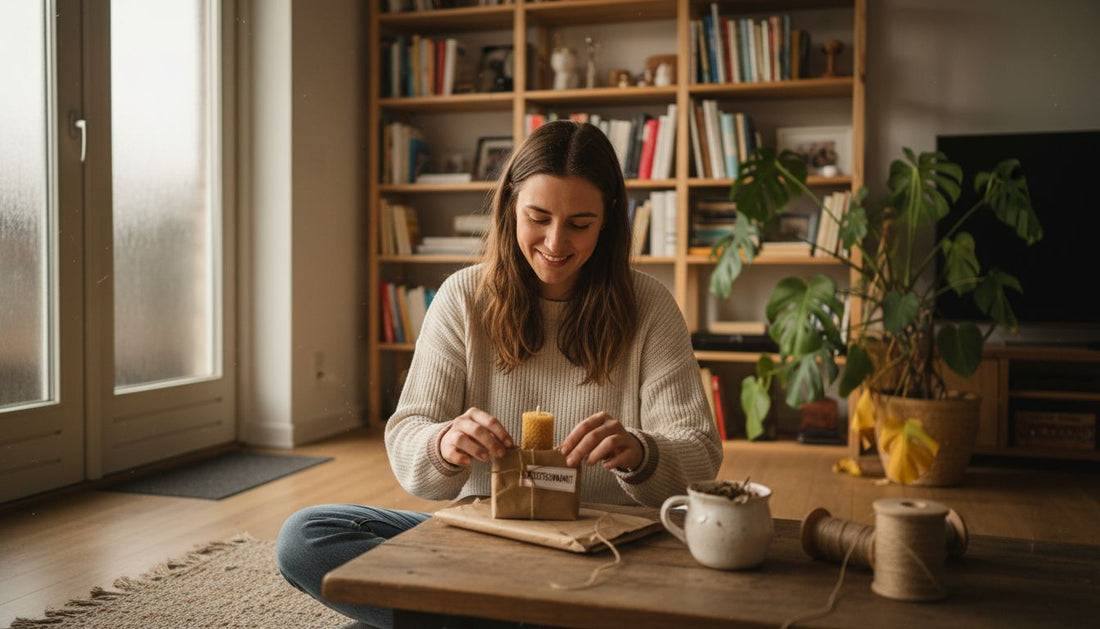 Eine Frau verpackt zu Hause ein selbstgemachtes, umweltfreundliches Geschenk.