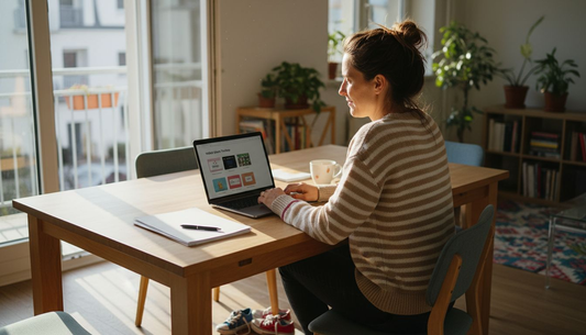 Eine Frau sitzt gemütlich am Wohnzimmertisch und überlegt, wie sie einen digitalen Geschenkgutschein gestalten kann.