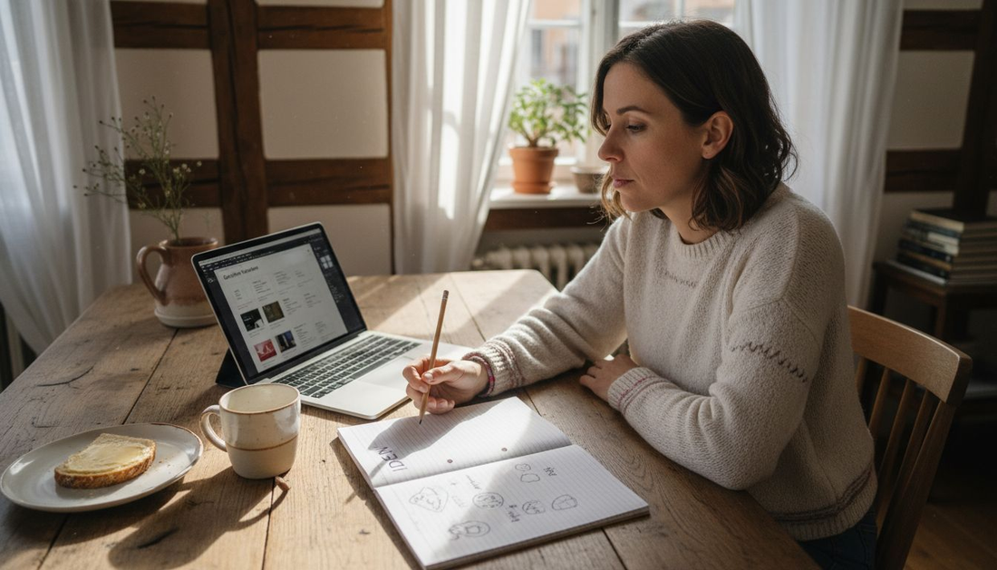 Eine Frau sitzt zuhause und sucht sich eine passende Gutscheinvorlage als PDF aus.