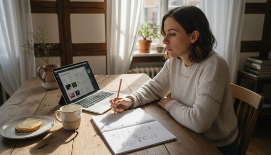 Eine Frau sitzt zuhause und sucht sich eine passende Gutscheinvorlage als PDF aus.