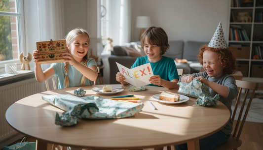 Kinder packen mit leuchtenden Augen liebevoll gestaltete, persönliche Geburtstagsgeschenke aus.