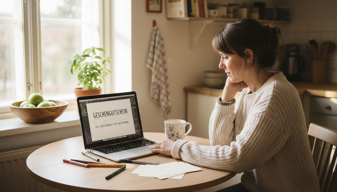 Eine Frau sitzt am Küchentisch und gestaltet einen Geschenkgutschein mit viel Liebe zum Detail.