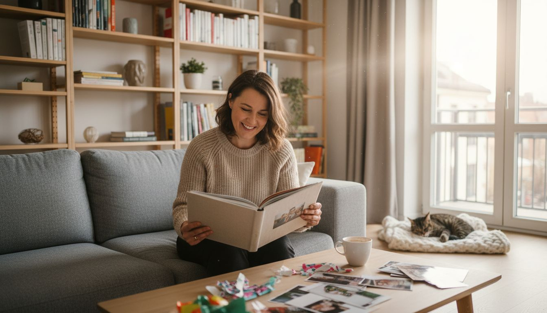 Eine Frau blättert entspannt auf dem Sofa durch ihr persönliches Fotobuch.