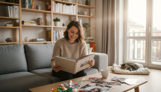 Eine Frau blättert entspannt auf dem Sofa durch ihr persönliches Fotobuch.