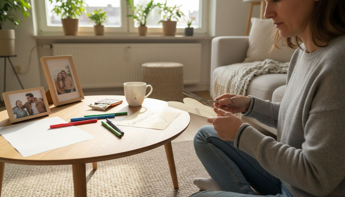 In einer lichtdurchfluteten Wohnung gestaltet eine Frau liebevoll einen Geschenkgutschein.