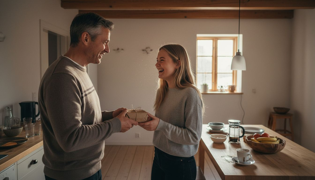 Am Küchentisch überreicht der Vater seiner Tochter eine kleine Aufmerksamkeit.