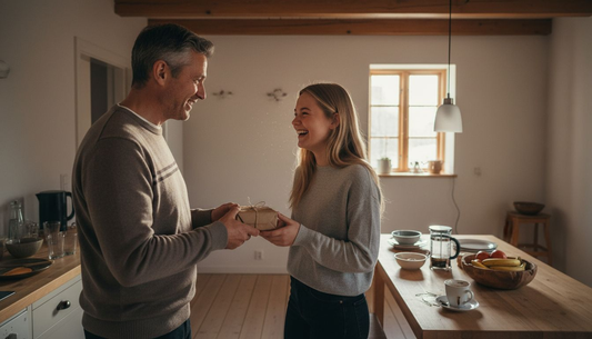 Am Küchentisch überreicht der Vater seiner Tochter eine kleine Aufmerksamkeit.