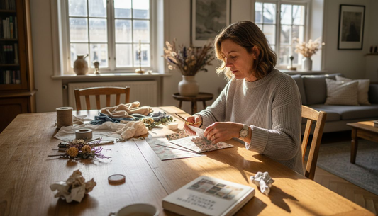 Eine Frau sitzt am Esstisch und verpackt liebevoll einen Geschenkgutschein.