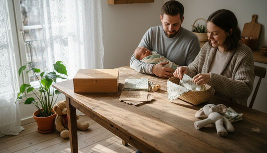 Gemeinsam packen die frischgebackenen Eltern liebevoll ausgewählte, nachhaltige Babygeschenke aus und freuen sich über die umweltfreundlichen Überraschungen.