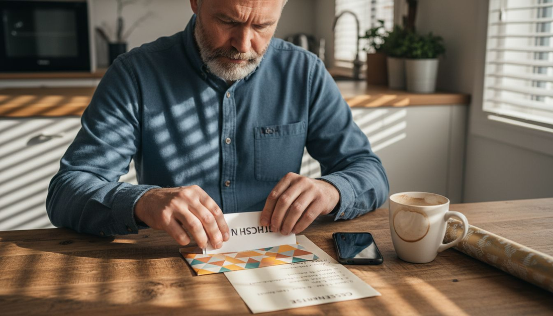 Ein Mann sitzt am Küchentisch und bereitet einen Geschenkgutschein vor.