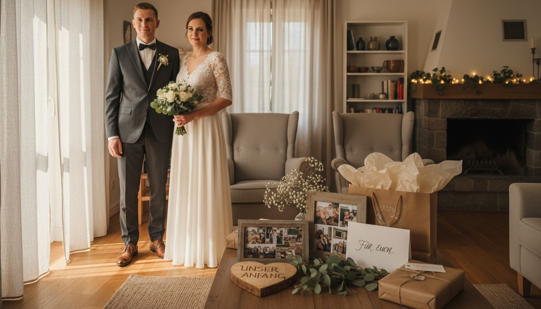Ein frisch verheiratetes Paar freut sich im Wohnzimmer über persönliche Hochzeitsgeschenke.