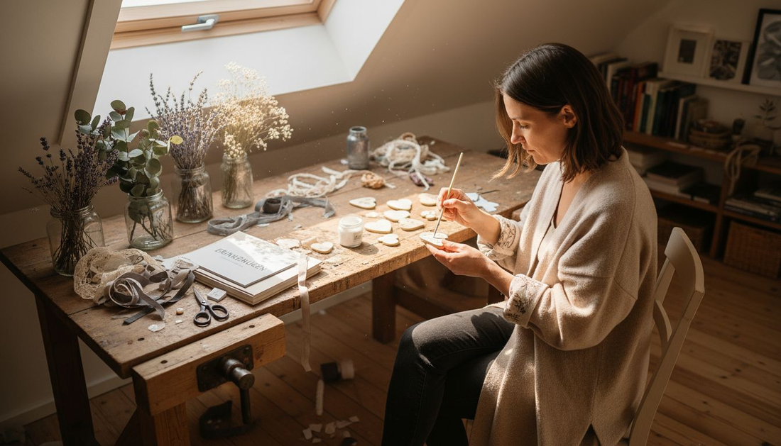 Eine Frau gestaltet an ihrem Basteltisch individuelle Geschenke für ihre Hochzeit.