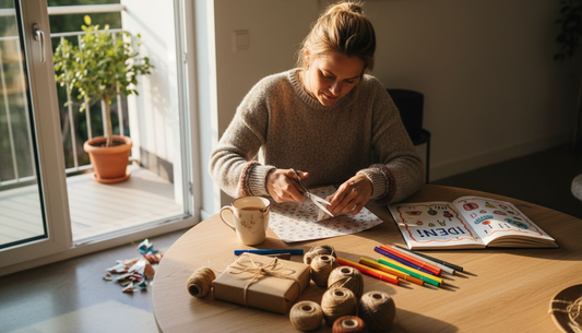 Eine Frau sitzt am Tisch und bastelt ein Geburtstagsgeschenk.
