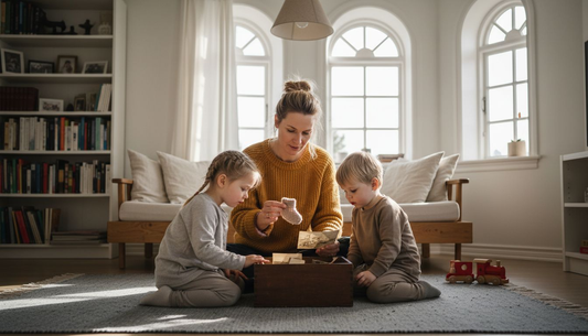 Im Wohnzimmer sitzt die Familie beisammen und stöbert gemeinsam durch ihre Erinnerungsbox.