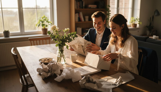 Das frisch vermählte Paar packt gemeinsam am Tisch die Geschenke aus.