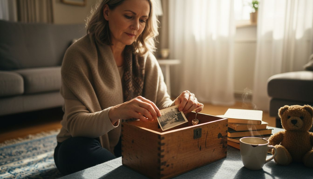Eine Frau legt im Wohnzimmer Erinnerungsstücke in ihre Schatzkiste.