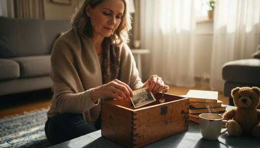 Eine Frau legt im Wohnzimmer Erinnerungsstücke in ihre Schatzkiste.