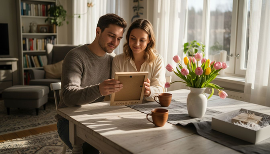 Ein frisch verheiratetes Paar packt zuhause ein personalisiertes Hochzeitsgeschenk aus.