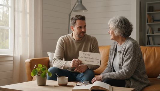 Die feierliche Übergabe des Gutscheins im gemütlichen Kreis des Wohnzimmers