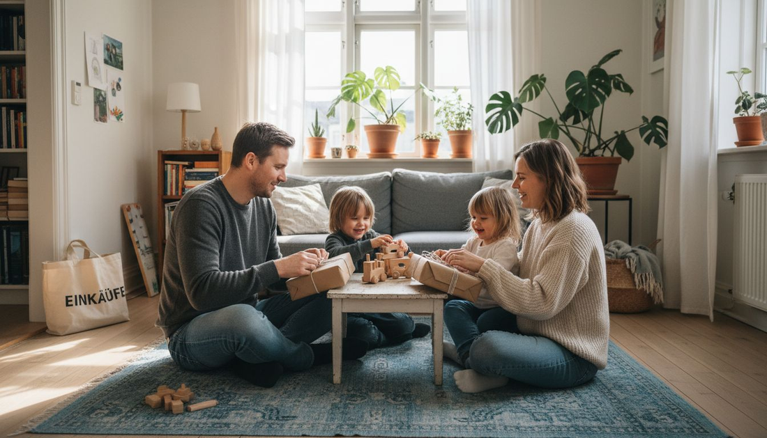 Im Wohnzimmer packt eine Familie gemeinsam nachhaltige Geschenke aus und freut sich über die umweltfreundlichen Überraschungen.