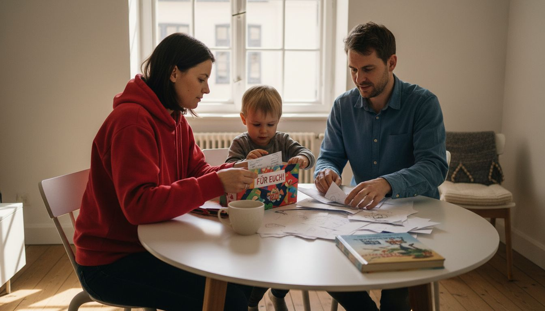 Gemeinsam am Tisch packt die Familie ihren Gutschein aus.
