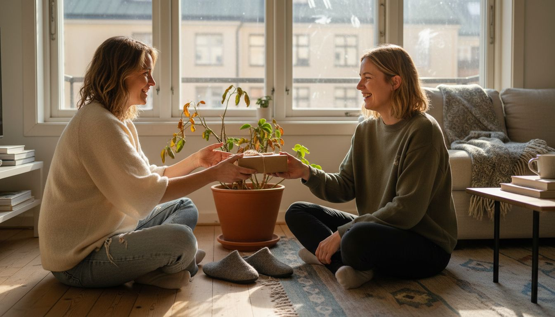 Eine Freundin überrascht mit einem nachhaltigen Geschenk für die Wohnung.