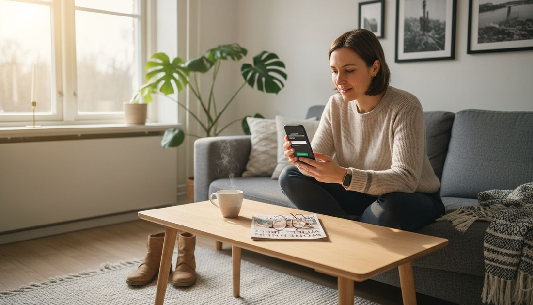 Eine Frau verschickt im Wohnzimmer eine digitale Geschenkkarte.