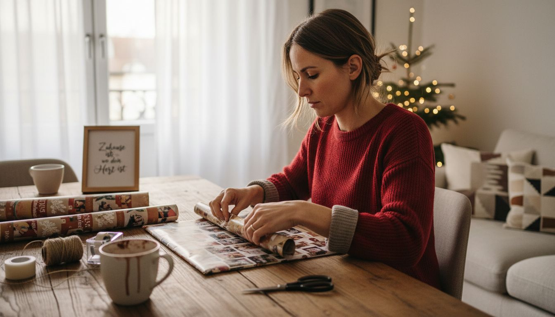 Eine Frau verpackt eine selbstgemachte Fotocollage als persönliches Weihnachtsgeschenk.
