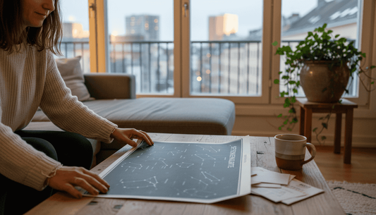 In ihrem gemütlichen Wohnzimmer packt eine Frau voller Vorfreude eine individuell gestaltete Sternenkarte aus.