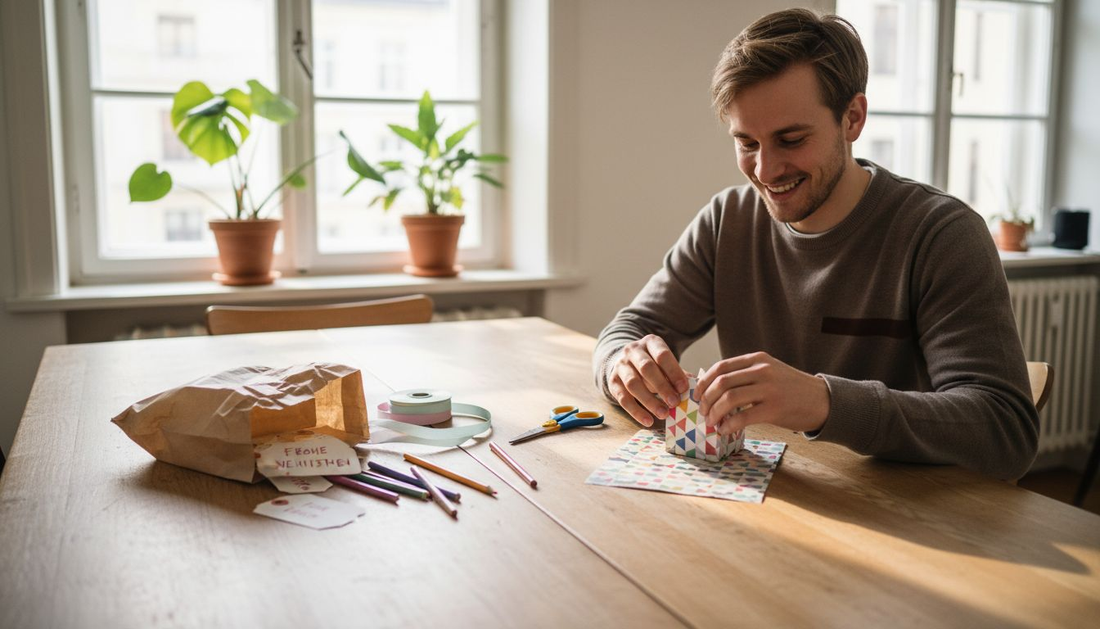 Mit Papier und viel Kreativität bastelt jemand eine originelle Geschenkverpackung.