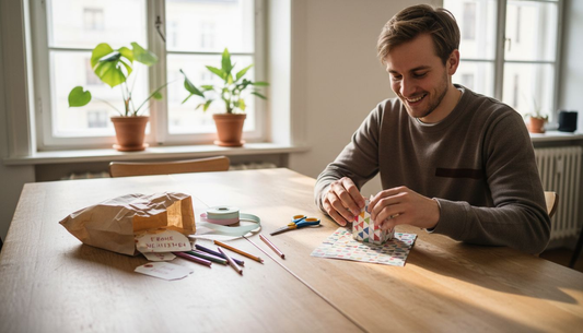 Mit Papier und viel Kreativität bastelt jemand eine originelle Geschenkverpackung.