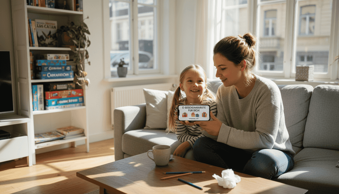 Im Wohnzimmer zeigt die Mutter ihrer Tochter einen digitalen Gutschein auf dem Handy.