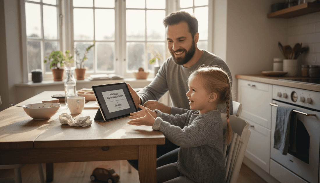 Ein Vater sitzt am Küchentisch und verschickt einen digitalen Geschenkgutschein per Smartphone.