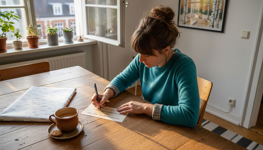 Eine Frau erzählt am Esstisch, wie ein klassischer Papiergutschein aussieht und funktioniert.