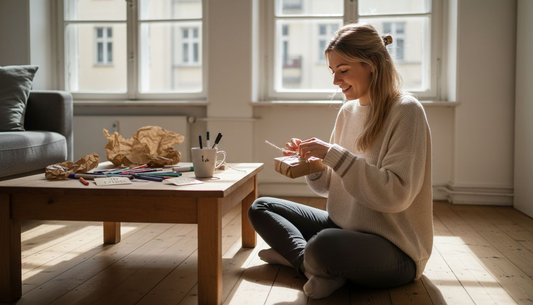 Eine Frau verpackt ein kleines Geschenk im Handumdrehen.