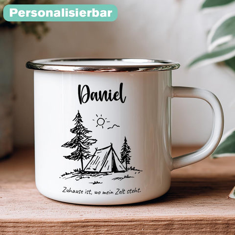 Camping Tasse aus Emaille – Zuhause ist, wo mein Zelt steht –  Herzensprojekt Manufaktur
